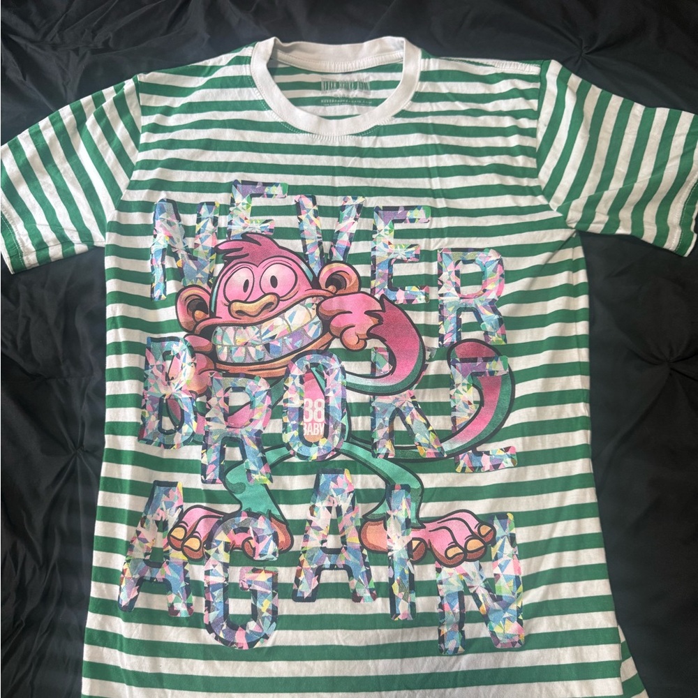 Green and White Striped Graphic T-Shirt